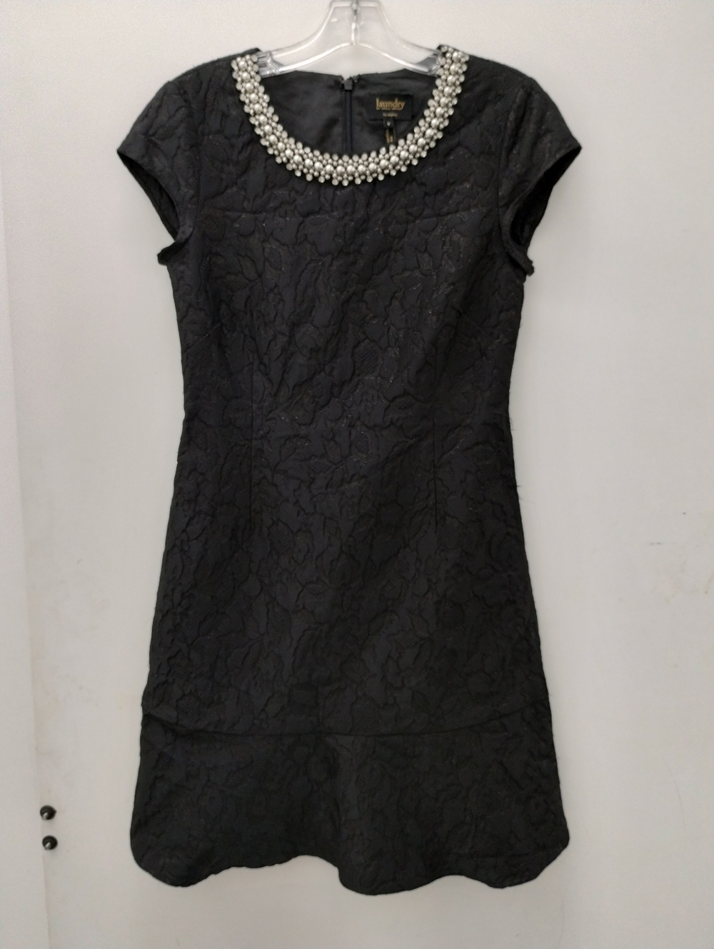 Laundry By Shelli Segal Black Jacquard Mini Dress Rhinestone Neck sz 0